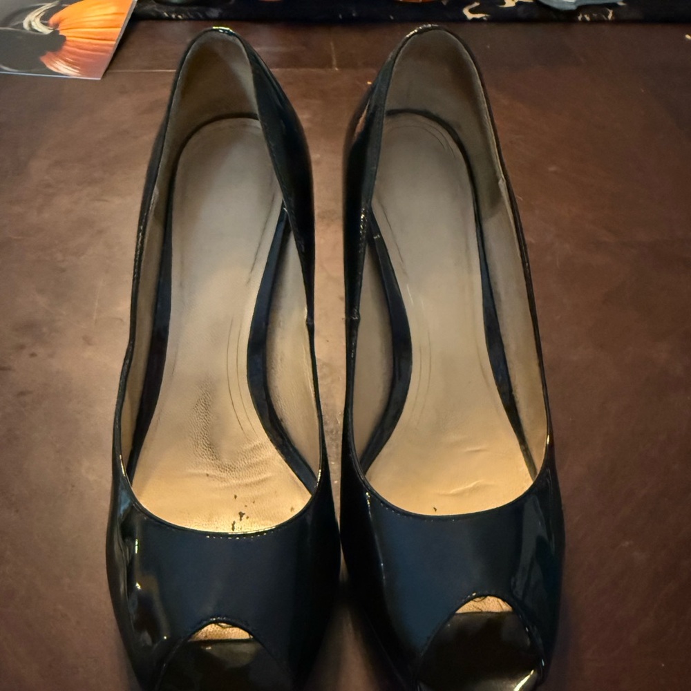 Cole Haan Glossy Black Peep-Toe Heels